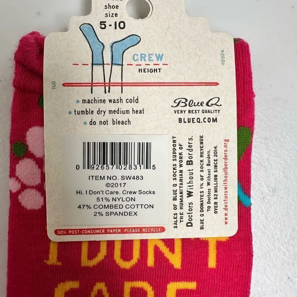 NWT BlueQ Women’s Crew Novelty Socks - “I Don’t Care” - Fits Shoe Size 5-10